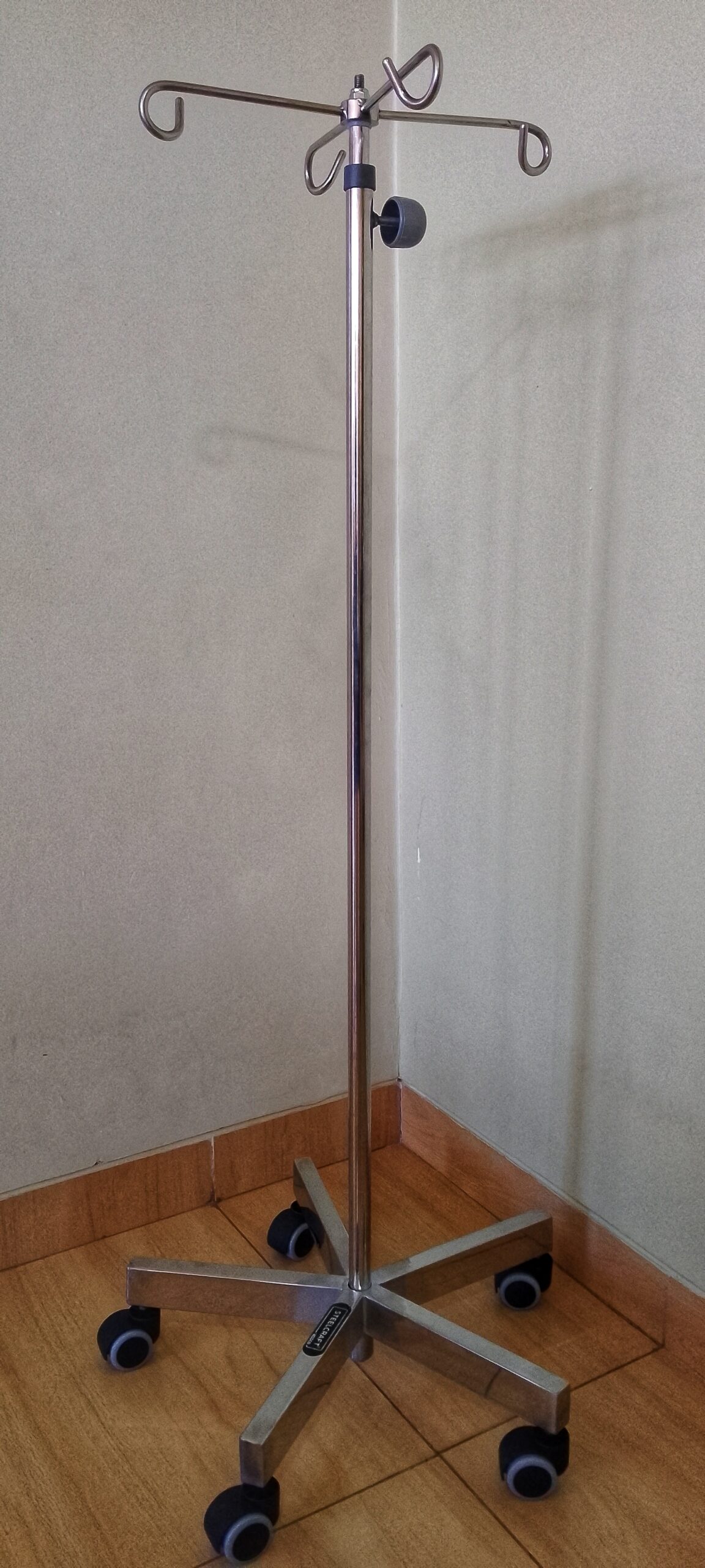 IV Drip Stand, Stainless Steel, on Castro Wheel Trolley